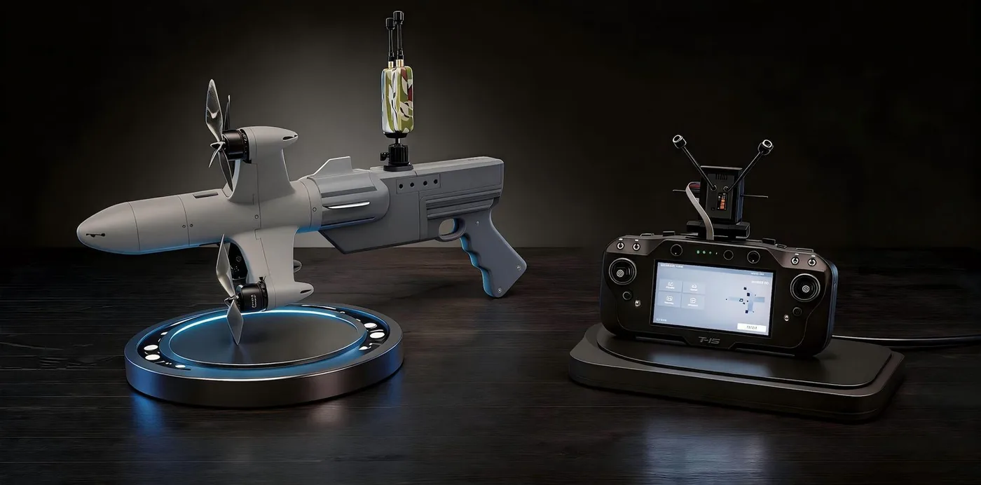 Shoulder launcher with interceptor on its cradle, beside the handheld ground control unit