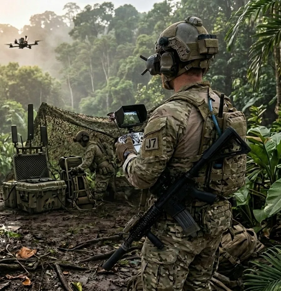 Z10 in field deployment: operator with controller beside a camouflaged ground station
