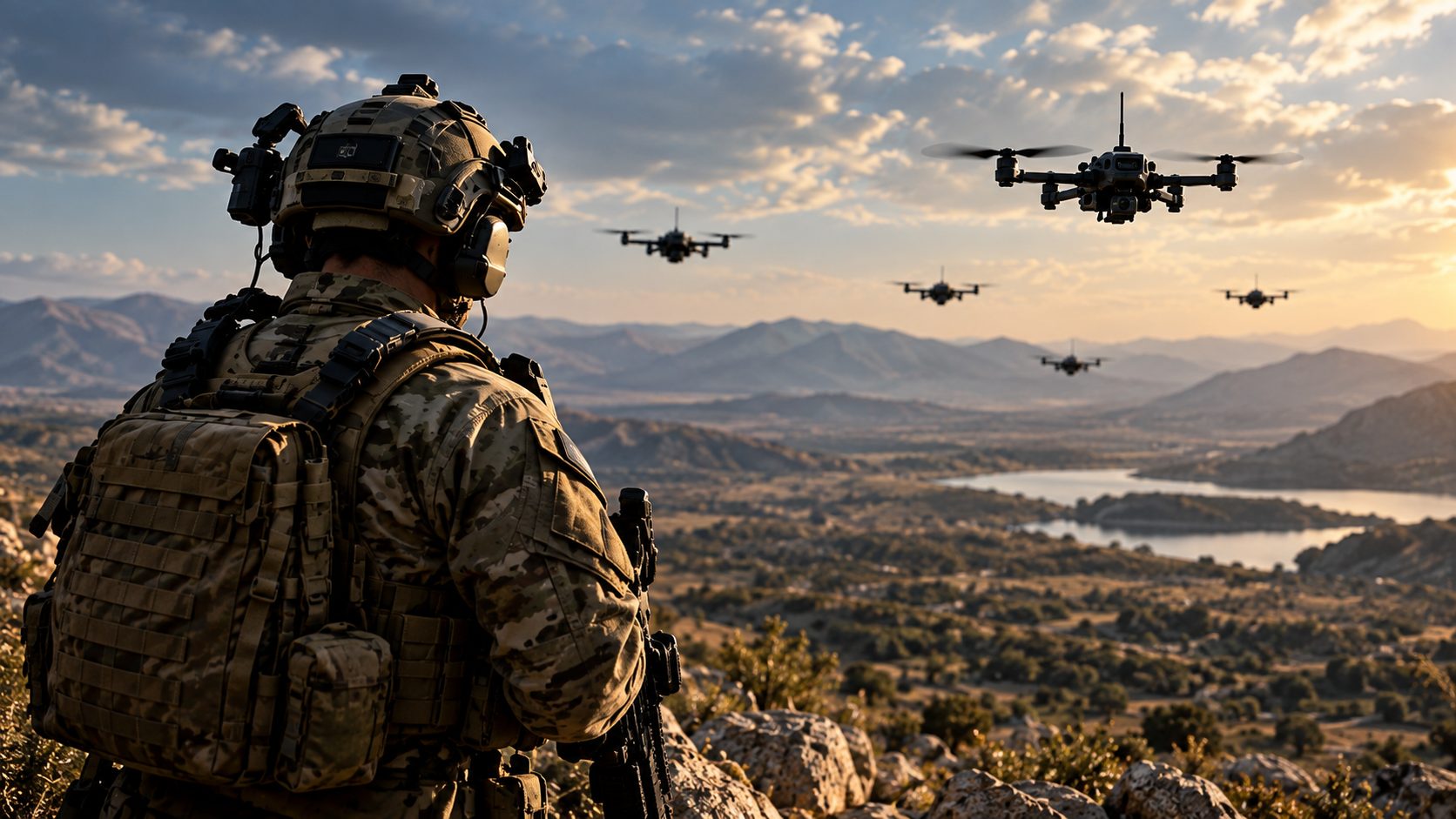 Soldier watching a formation of drones over a valley
