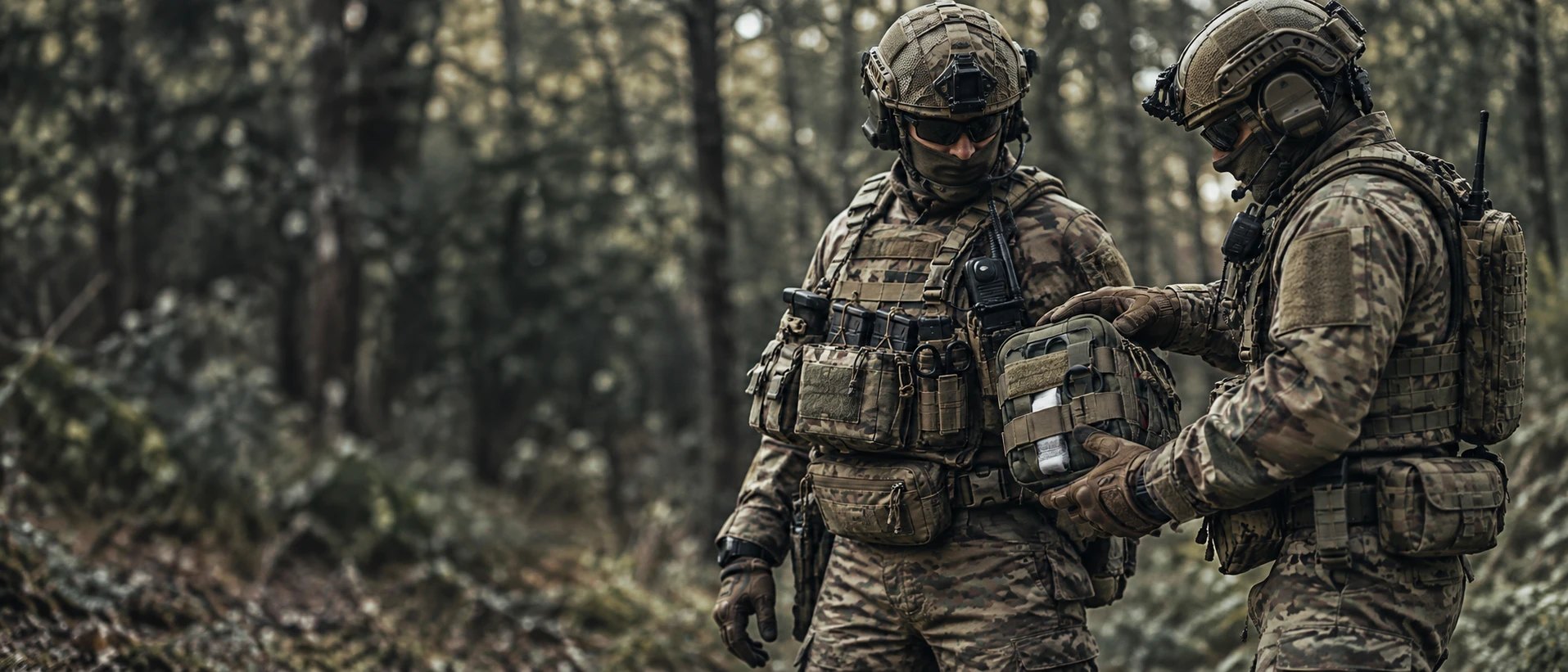 Two soldiers in camouflage checking a trauma first-aid pouch in a forest